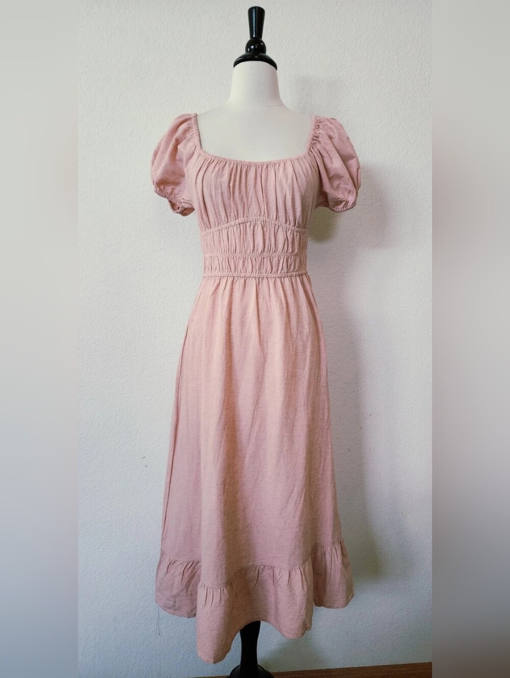 Blush Pink Smocked Midi Dress with Puff Sleeves